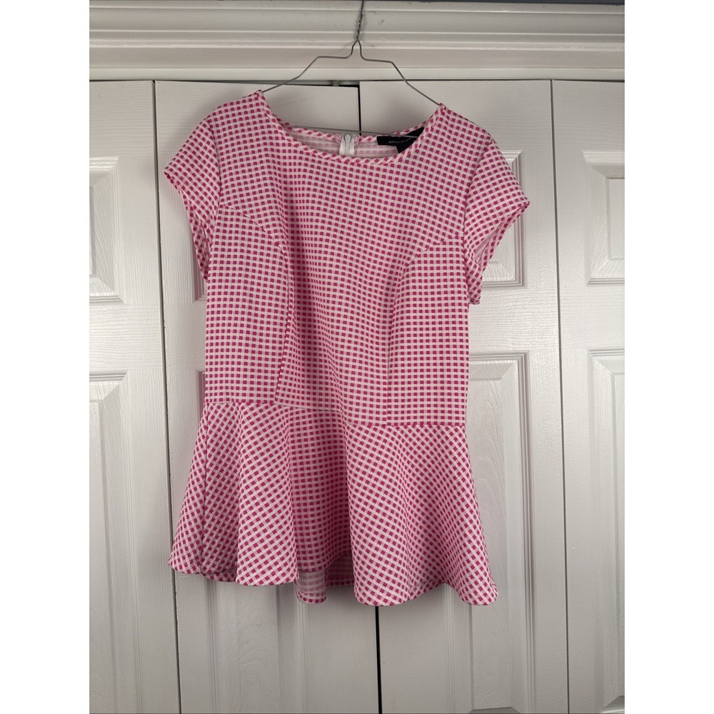 Ashley Stewart Women's 14/16 Pink White‎ Checkered Print Peplum Top